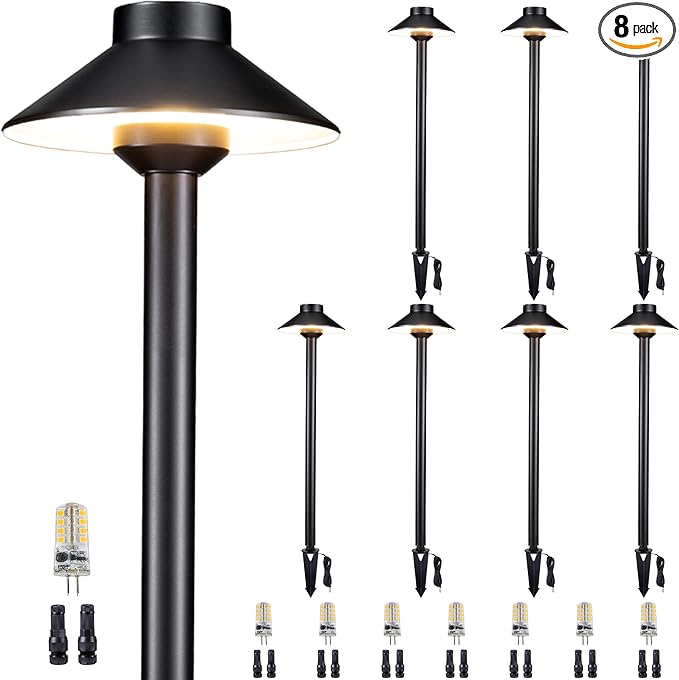 Brass Low Voltage Path Lights - 12V LED Landscaping Pathway Light IP65 Waterproof, Wired Walkway Lighting Outdoor, Black for Lawn Area Backyard with 3W 2700K Warm White G4 Bulb (8 Pack)