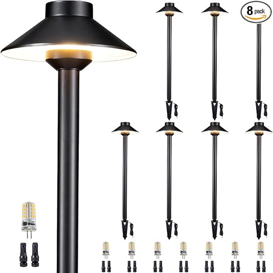 Brass Low Voltage Path Lights - 12V LED Landscaping Pathway Light IP65 Waterproof, Wired Walkway Lighting Outdoor, Black for Lawn Area Backyard with 3W 2700K Warm White G4 Bulb (8 Pack)