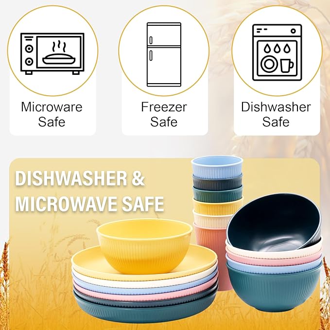 36pcs Wheat Straw Dinnerware Sets, Unbreakable Reusable Kitchen Cups Plates and Bowls Sets, Dishwasher and Microwave Safe Kitchenware Dishes Set for Home, Office, Travel,Picnic (Colorful 1)