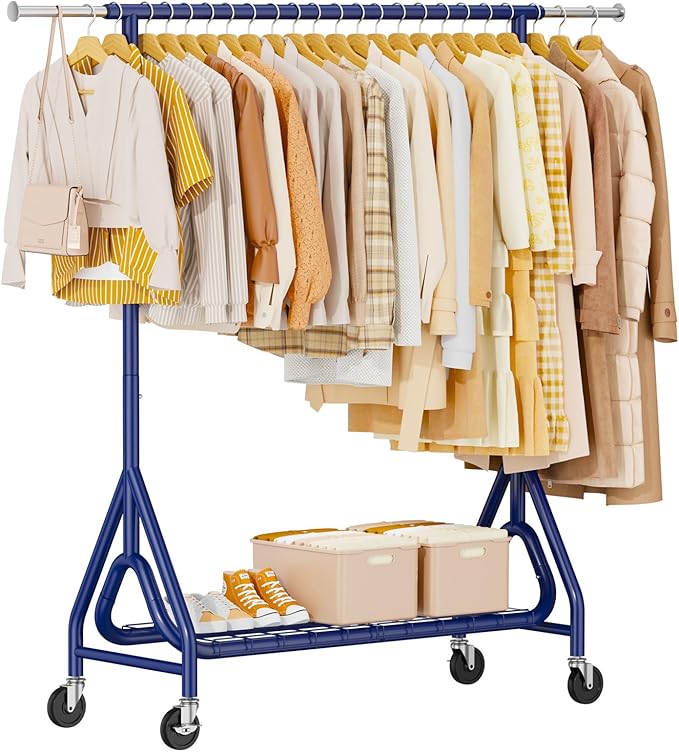 Heavy Duty Clothing Rack, Metal Clothes Rack Load 450 LBS, Rolling Coat Racks for Hanging Clothes with Lockable Wheels, Wardrobe Closet Garment Racks for Bedroom, Navy Blue