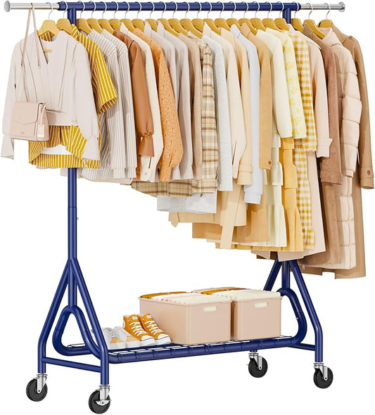 Heavy Duty Clothing Rack, Metal Clothes Rack Load 450 LBS, Rolling Coat Racks for Hanging Clothes with Lockable Wheels, Wardrobe Closet Garment Racks for Bedroom, Navy Blue