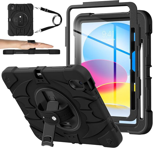 for iPad(A16) 11 inch 2025 case/10.9 inch iPad 10th Generation Case, Heavty Duty Shockproof Full Protective Case with Screen Protector and Rotatable Hand Strap, Shoulder Strap (Pure Black)