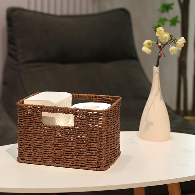 HOONEX Large Woven Baskets for Storage, Paper Rope Baskets with Sturdy Metal Wire Frame, Baskets for Shelves, Set of 3, Dark Brown