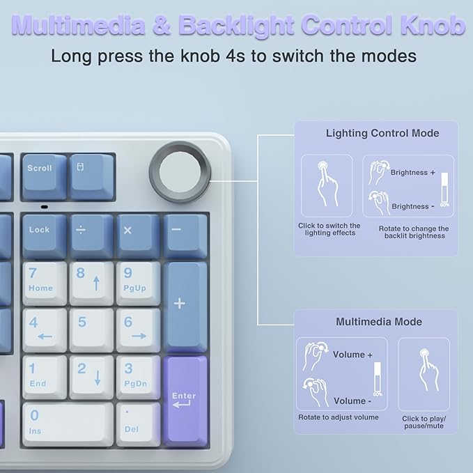 AULA F99 Pro Wireless Mechanical Keyboard with Knob,Creamy Sound,Tri-Mode BT5.0/USB-C/2.4GHz Hot Swappable Keyboard,Gasket Structure,RGB Backlit Computer Gaming Keyboards