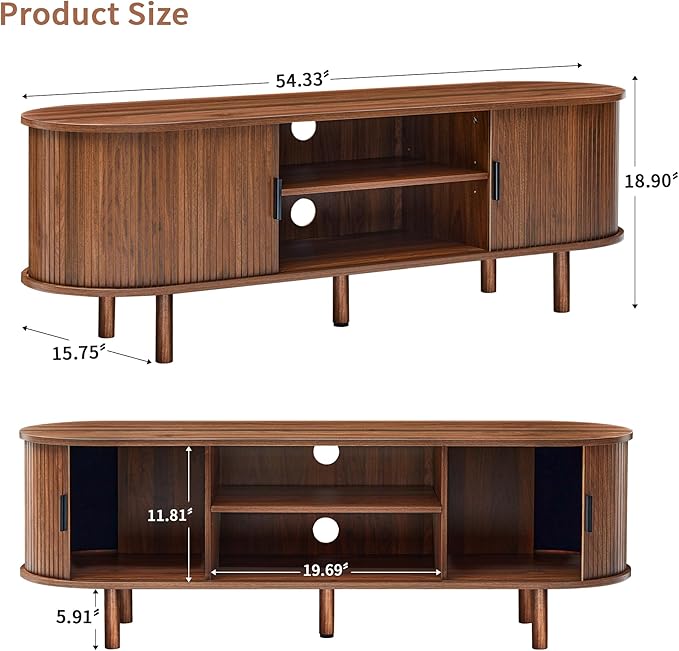 54" Fluted TV Stand with Storage, Mid Century Modern TV Console with Tambour Sliding Doors, Curved Entertainment Center, Media Console for Living Room, Bedroom (Walnut)