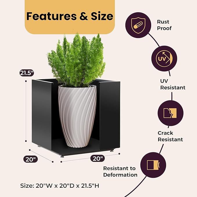 Large Metal Outdoor Planter Box 20Wx20Dx21.5H, Galvanized Steel Cube Planters for Outdoor Plants, Easy Assembly - 5mins Quick Install, Large Square Flower Pot for Patio, Deck, Garden, Yard, Black