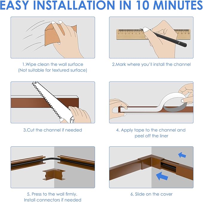 Yecaye Brown Cord Hider, One-Cord Channel Cord Cover on Wall, Cable Management Kit, Wire Covers for Cords, Cable Raceway,W0.59in H0.4in, Brown