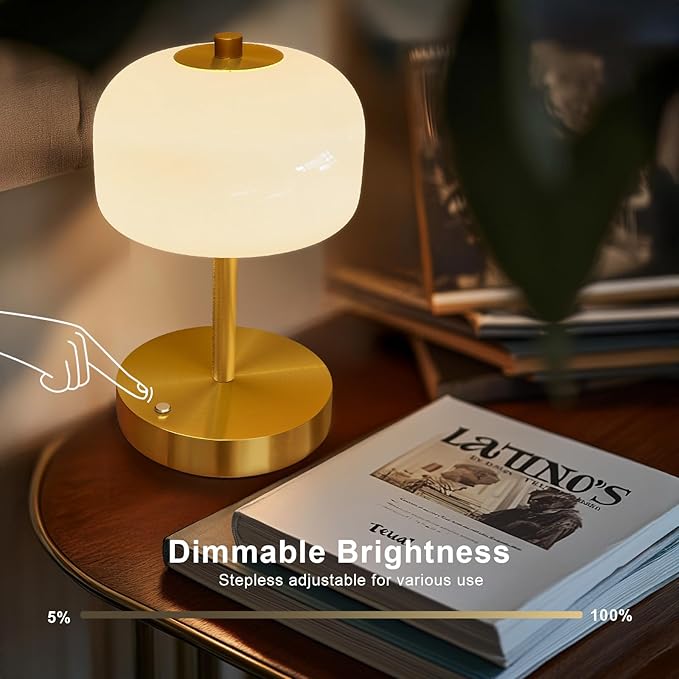 Oneach 9" Cordless Table Lamp, Gold Rechargeable Battery Operated Lamp, 3-Way Stepless Dimming Touch Lamps, Small Glass Bedside Nightstand Light for Bedroom Dining Table Living Room Shelf Decor