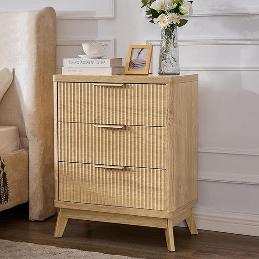 Fluted Nightstand with Charging Station, 23'' Modern Side Table with 3 Large Storage Drawers, Wide Night Stand Bedside End Table Tall Wooden Dresser for Bedroom