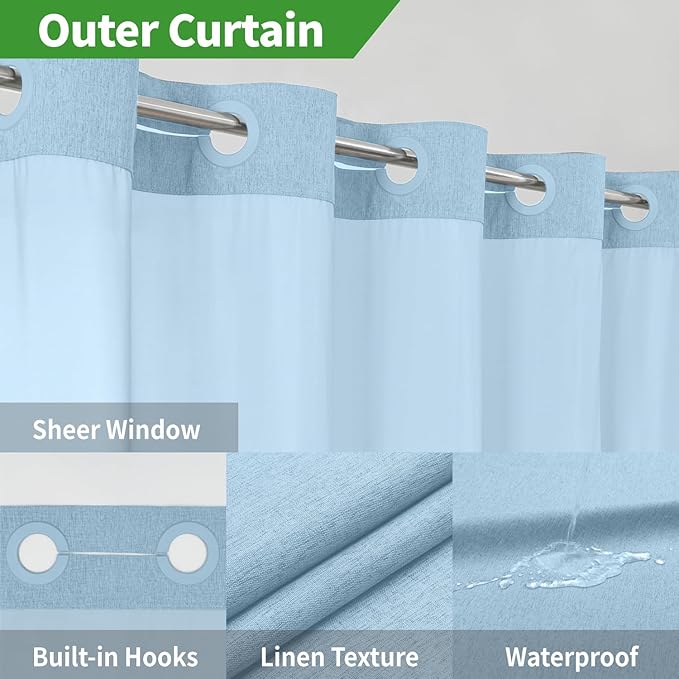 Extra Long No Hooks Needed Linen Textured Shower Curtain with Snap-in Fabric Liner Set,White Hotel Luxury Decor Shower Curtains for Bathroom,Waterproof & Washable,71Wx86H,Fog Blue
