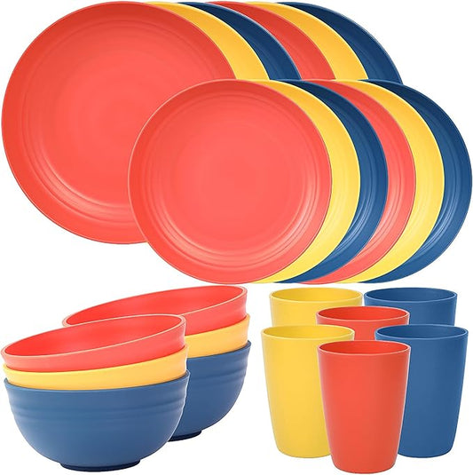 Quatish 24 Piece Plates and Bowls Sets for 6, Unbreakable Dinnerware Sets, Plastic Dish Set for Camping, Dishwasher Microwave Safe, Outdoor Kitchen and Apartment Dinning RV Essentials, Multi