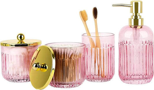 Bathroom Accessories Set,4 Pcs Pink Glass Bathroom Accessories Set with Toothbrush Holder,Lotion Soap Dispenser,2 Qtip Holder Dispensers - Countertop Organizer for Modern Bathroom Decor - Pink