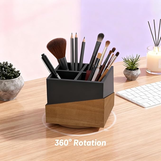 Rotating Pen Holder for Desk, Black Pencil Holder Pen Cup with Wood Grain Veneer, Wooden Desktop Pen Organizer Desk Caddy Organizer for Makeup Brush, Flatware, Remote Control