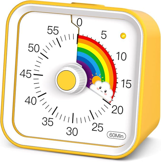 Visual Timer with Pause Function, 60 Minute Countdown, Pomodoro Timer for Kids, Productivity Timer, Time Management for Kitchen Cooking, Study, Teaching, Office Meetings (Rainbow Yellow)