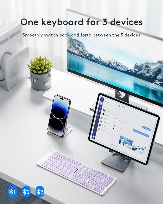 Samsers Bluetooth Foldable Keyboard, Wireless Portable Folding Keyboard, Full-Size Ultra-Slim Rechargeable Connect Up to 3 Devices for iOS Android Windows Phone Tablet and Laptop, Purple
