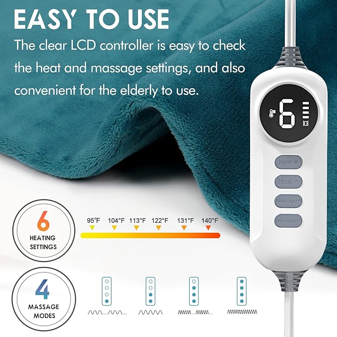 Heating Pad with Massager for Neck and Shoulders, Wearable Electric Heating Pads for Back Pain Relief, Auto-Shut Off, 6 Heat Settings, 4 Massage Modes, Large Size, UL Certified, Dark Green