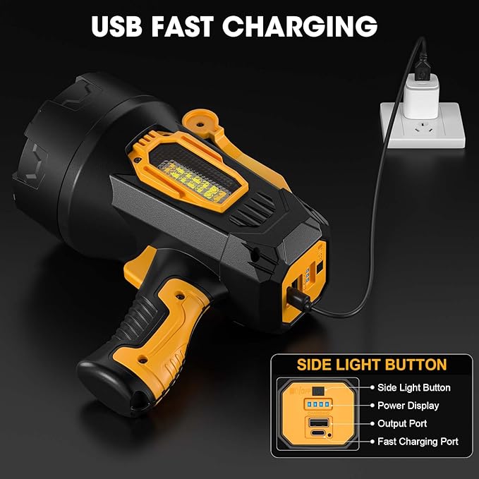 Rechargeable Spotlight, 99,000 Lumens Super Bright Spotlight Flashlight Outdoor Handheld with Cob Light, Heavy Duty Led Spot Light for Boating Camping