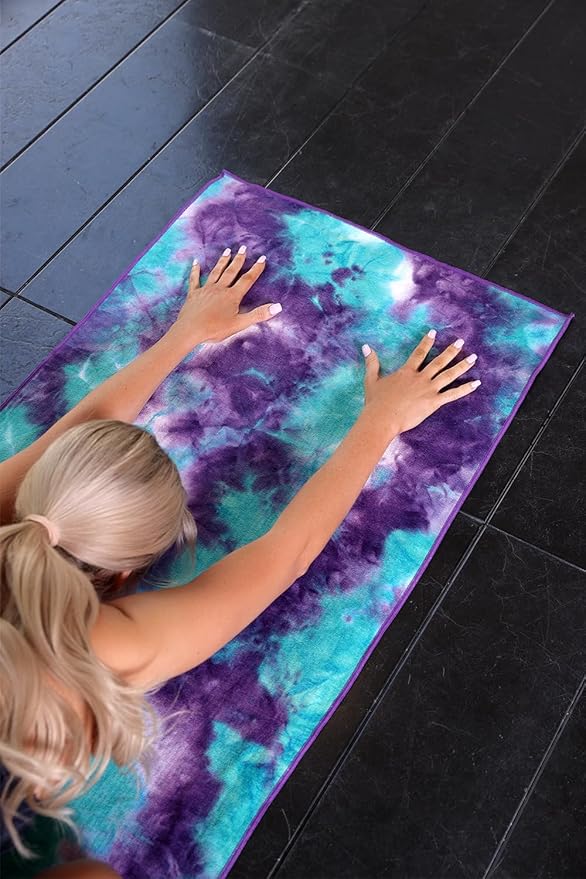 Eunzel Hot Yoga Towel - Microfiber Non Slip Yoga Mat Towel with Grip Dot Sweat Absorbent Towel for Hot Yoga, Pilates and Fitness 72" x 24", Green & Purple/Purple
