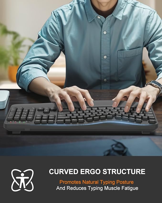 EDJO Ergonomic Wireless Keyboard for Large Hands, with Wrist Rest, Wave Keys, 2.4GHz Full Size Ergo Cordless USB Computer Keyboard, Comfortable Natural Typing, for Laptop, Mac, Windows (Gray)