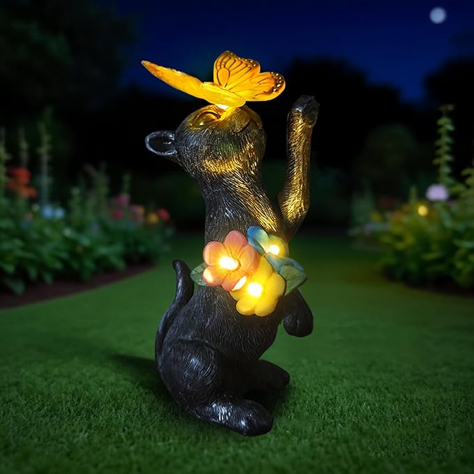 Solar Cat Garden Statue Outdoor Decor - Resin Cat Butterfly Statues for Outside Waterproof, Animal Figurines for Patio Balcony Yard Art Lawn Ornaments, Unique Birthday Gifts for Mom/Women/Grandma