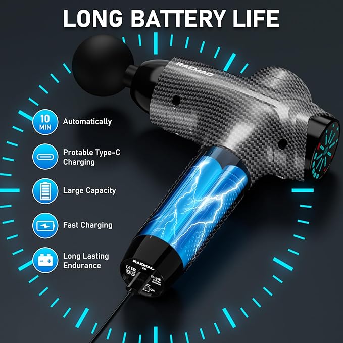 RAEMAO Massage Gun, Massage Gun Deep Tissue, Back Massage Gun for Athletes for Pain Relief Attaching 10 PCS Replacement Heads, Percussion Massager with 10 Speeds & LED Screen, Carbon