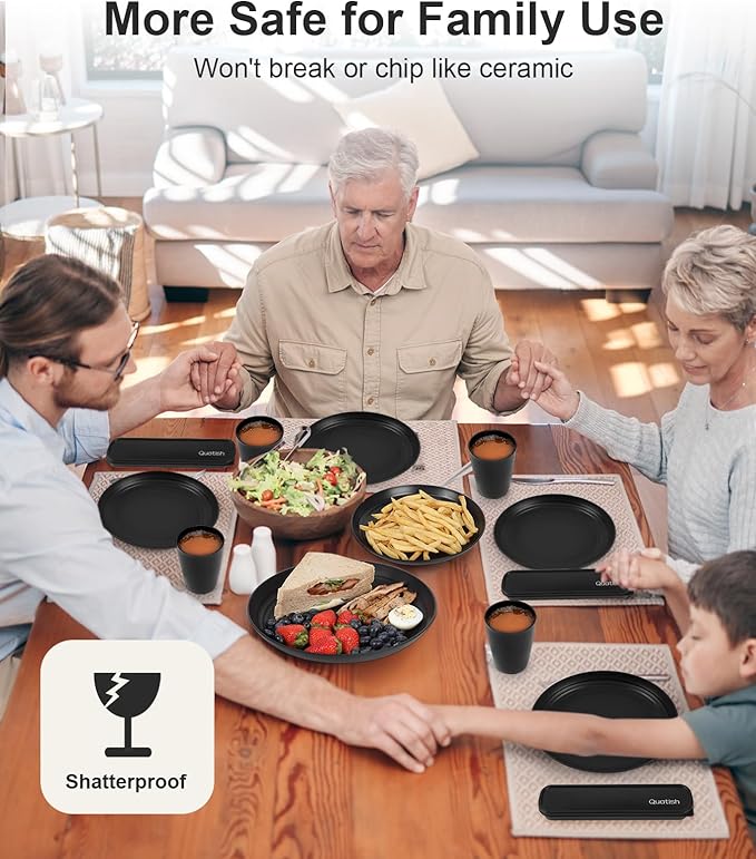 Quatish 24 Piece Plates and Bowls Sets for 6, Unbreakable Dinnerware Sets, Plastic Dish Set for Camping, Dishwasher Microwave Safe, Outdoor Kitchen and Apartment Dinning RV Essentials, Black