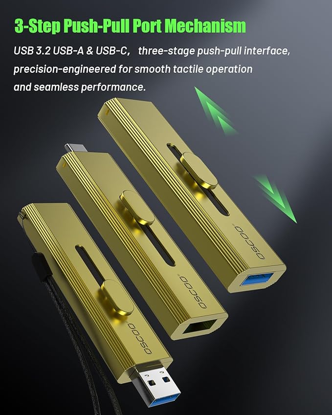 2TB Portable SSD, Up to 1100MB/s, USB 3.2 Gen 2 External Solid State Drive, Dual USB-C & USB-A Ports, Push-Pull Design, Compatible with iPhone 15/16/17, Android, Mac, Windows