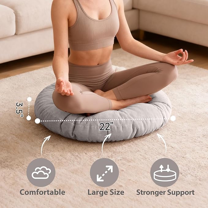 Tiita Floor Pillows Cushions Round Chair Cushion Outdoor Seat Pads for Sitting Meditation Yoga Living Room Sofa Balcony 22x22 Inch, Grey