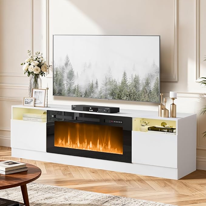 70" TV Stand with 36" Electric Fireplace, Large Modern Media Entertainment Center with Storage Cabinet and 12 Colors LED Lights for TVs Up to 80",White and Black