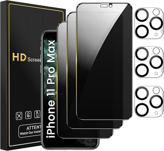 3 Pack Privacy Screen Protector for iPhone 11 Pro Max 6.5 Inch with 3 Pack Camera Lens Protector, Anti Spy Tempered Glass Film, Anti-Scratch, Touch Sensitive, Case Friendly