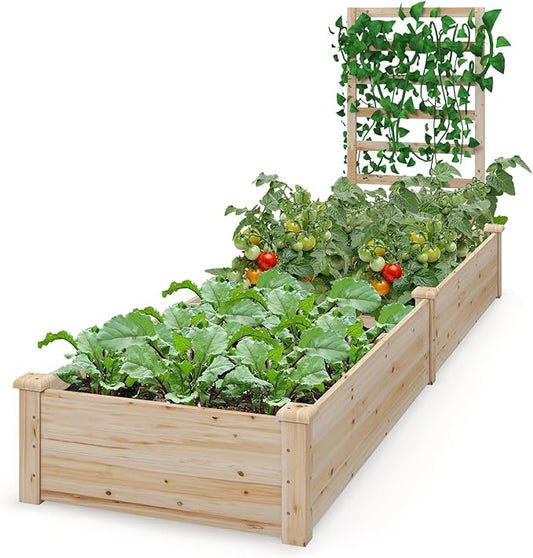S AFSTAR Raised Garden Bed with Trellis & Planter Box, 93" L x 25" W x 40" H Outdoor Wooden Planter Box Kit for Flower Herb Vegetable Fruit Climbing Vines, Elevated Gardening Bed for Garden Patio