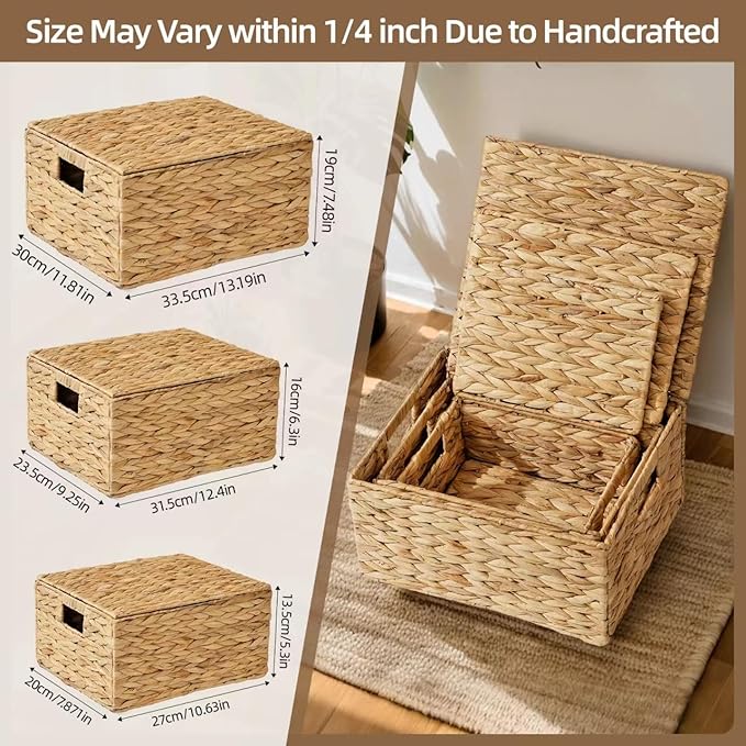 Rectangular Wicker Storage Baskets with Lids,Multi-size 3 Pack Natural Water Hyacinth Wicker Nesting Baskets,Decorative Storage Ratten Boxes for Organizing,Storage,and Gifts