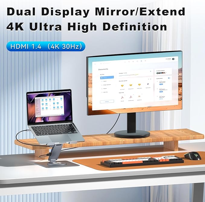Laptop Docking Station Stand Dual Display 4K HDMI USB3.0 3.5mm Audio Jack 8-IN-1 360° Swivel Laptop Stand for Desk with USB-C Hub Multiport Adapter Universal for MacBook Pro/Air/Dell/HP/Surface/Lenovo
