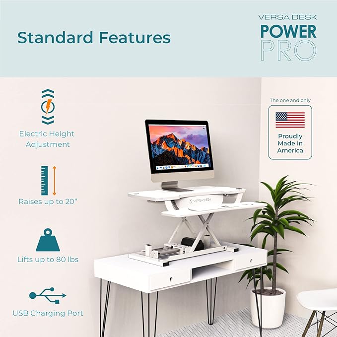 VERSADESK® PowerPro™ Electric Standing Desk Converter - Height Adjustable Desk Riser with Keyboard Tray - Holds 80 lbs - Built-in USB Charging Port - Ergonomic Sit Stand Workstation | White (36 inch)