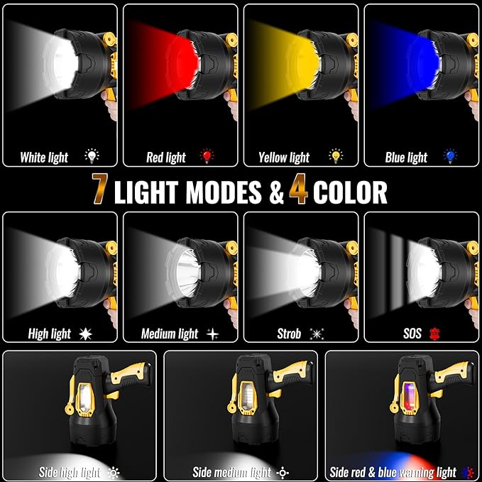 Rechargeable Spotlight, 990000 Lumens Super Bright Led Spotlights Flashlight with Cob Light & Foldable Tripod, 10000ɱAh Spot Lights Long Runtime, Handheld Spotlight for Hunting Boating Outdoor