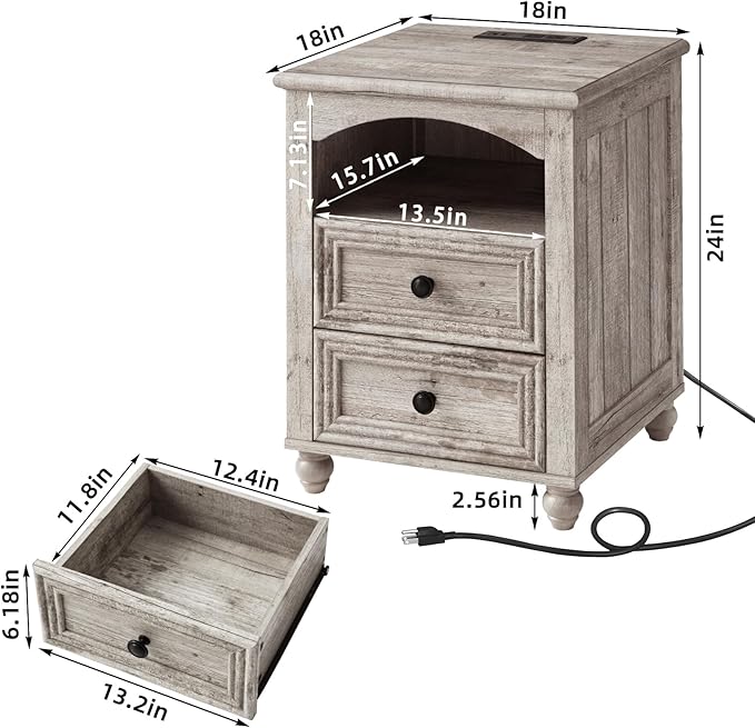 18" Farmhouse Night Stand with Charging Station, Gray Wood Nightstand with 2 Drawers, Bedside End Table with Shelf Storage, Bed Side Tables Cabinet for Bedroom, Living Room, and Closet