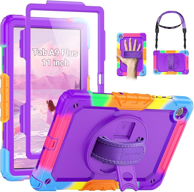 SEYMAC Case for Samsung Galaxy Tab A9+/ A9 Plus 11" (SM-X210/X216/X218), Heavy Duty Shockproof Protective Case with Screen Protector, Rotating Stand, Hand/Shoulder Strap, Purple
