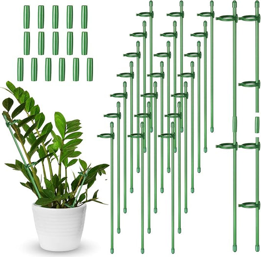 meekoo 30 Pcs Adjustable Garden Plant Support Stakes Single Stem Plant Cage Support Rings with Clips and Connect Pipe for Orchid Rose Tomato, 12 Inch (Green)