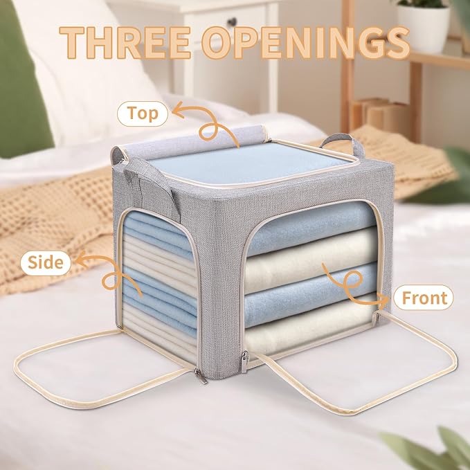 combocube 3-Side Zippered Openings Clothes Storage Bins with Thick Metal Frame, Stackable & Foldable Clothing Storage Bins with Lid, Linen Fabric Closet Storage Box with Large Clear Window, 3 Pack