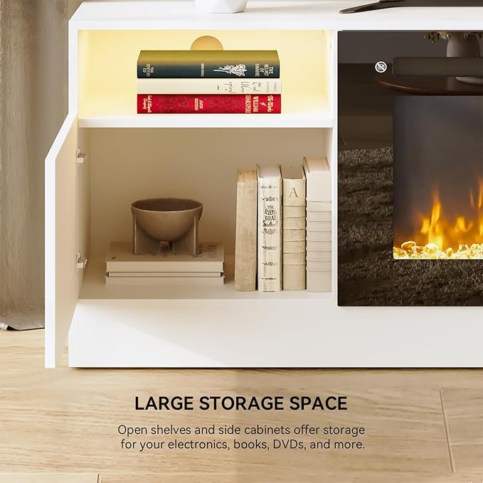 70" TV Stand with 36" Electric Fireplace, Large Modern Media Entertainment Center with Storage Cabinet and 12 Colors LED Lights for TVs Up to 80",White and Black