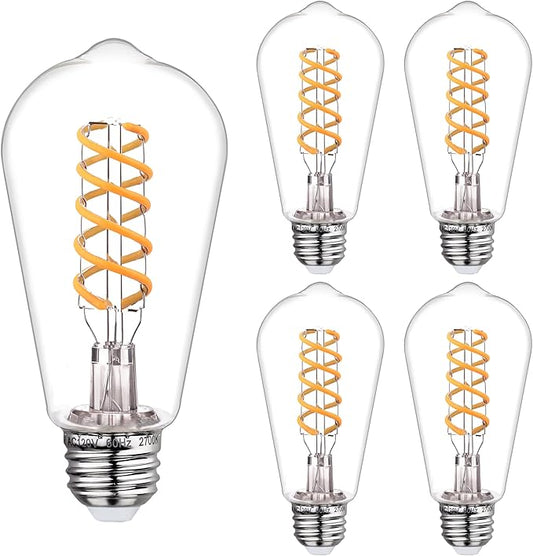4 PCS Dimmable Vintage LED Edison Bulbs, 6W Equivalent 60 Watt, Warm White 2700K, Antique Flexible Spiral LED Filament Light Bulb, ST58 (ST19), 600 Lumens, E26 Base, Clear Plastic