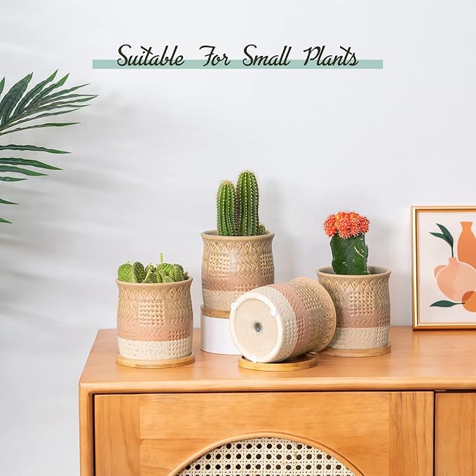 TAMAYKIM 4 Inch Small Ceramic Plant Pots with Drainage Holes and Saucers, Retro Totem Planters for Succulent, Cactus & Herbs, Brown Beige, Set of 4
