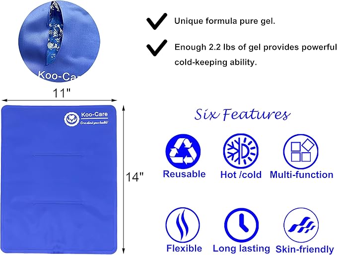 Koo-Care Large Gel Ice Pack for Injuries Reusable Flexible Hot Cold Therapy Compress - Pain Relief for Shoulder Rotator Cuff Hip Back Knee Ankle Replacement Post-Surgery Recovery (L, 11" x 14")
