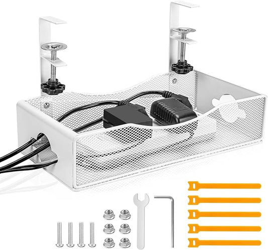 Extra Wide Under Desk Cable Management - No Drill Installation Cable Management Tray, Modern Cord Organizer for Office/Home Desk, Fits Power Strips & Wires((White, XL)