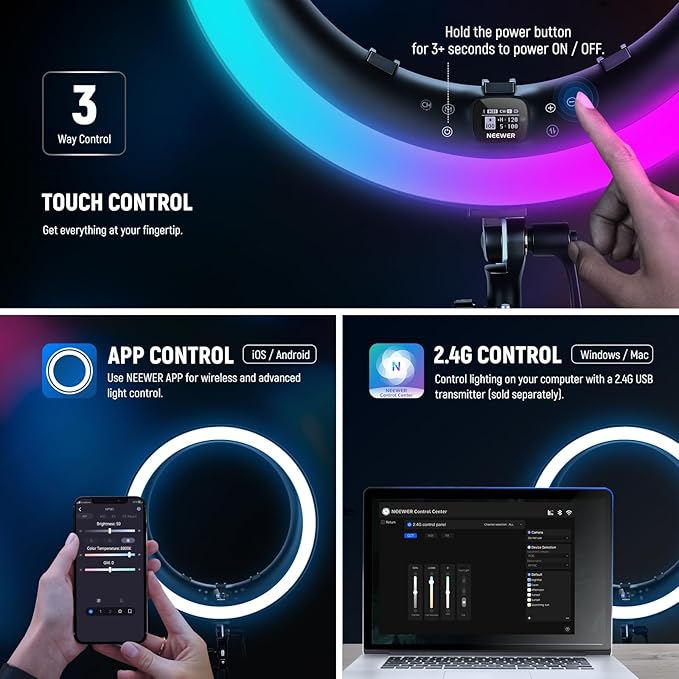 NEEWER 19" RGB LED Ring Light with Stand, 3 Phone Holders, Touch Panel, 2.4G/App Control, 42W CRI97+ 2800lux/0.5m 360° Hue Dimmable Professional Lighting for Makeup Live Streaming Zoom Calls, RP19C