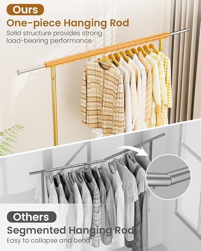 Heavy Duty Clothes Rack, Metal Clothing Rack Load 450 LBS, Rolling Coat Racks for Hanging Clothes with Lockable Wheels, Wardrobe Closet Garment Racks for Bedroom, Gold