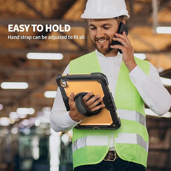 Ambison Case for iPad A16 11th/10th Generation 11"/10.9'' 2025/2022,Heavy Duty Shockproof Case with Tempered Glass Screen Protector, 360° Rotating Handle Strap&Stand,Shoulder Strap-Yellow