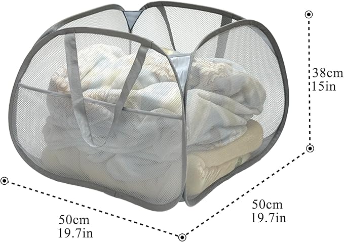 Collapsible Pop-Up Mesh Laundry Hamper Basket, 90L Large Square with Wide Opening, Sturdy Handles & Side Pocket, Foldable, Breathable, Space-Saving for Laundry, Storage, Camping, Travel (Gray)