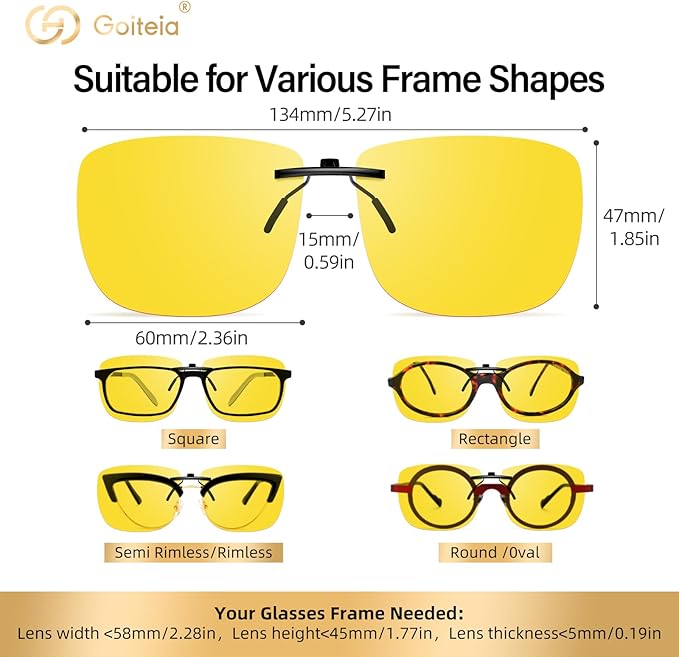 Goiteia Polarised Clip on Night Driving Glasses for Men Women,Cut off Blinding Headlights From Tall Trucks and SUVs