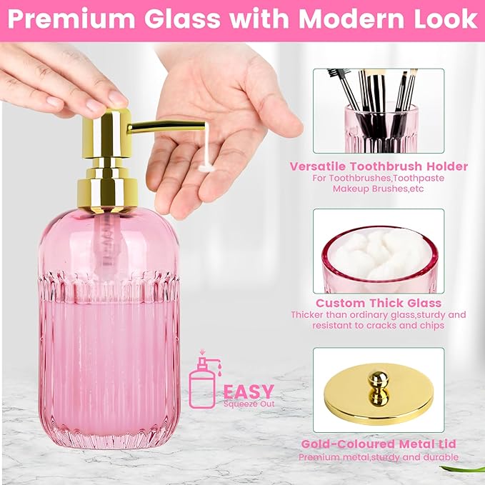 Bathroom Accessories Set,4 Pcs Pink Glass Bathroom Accessories Set with Toothbrush Holder,Lotion Soap Dispenser,2 Qtip Holder Dispensers - Countertop Organizer for Modern Bathroom Decor - Pink
